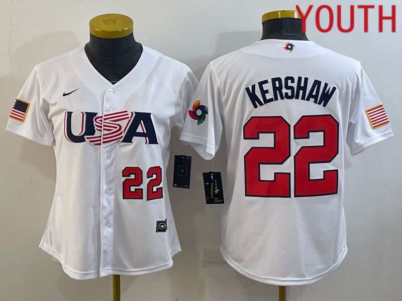 Youth 2023 World Cub USA 22 Kershaw White MLB Jersey9